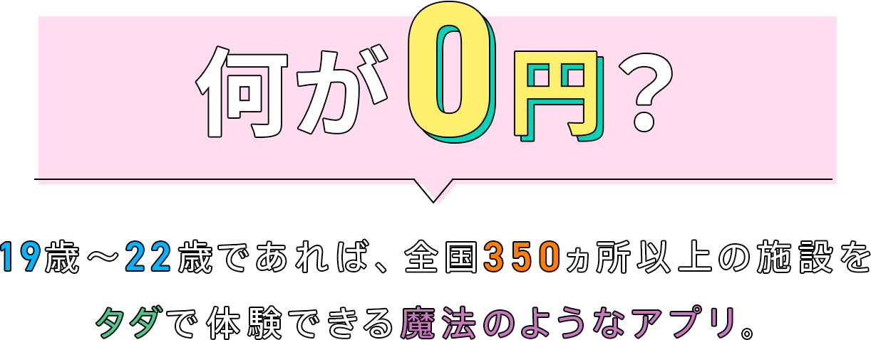 何が0円？ 19歳〜22歳であれば、全国350ヵ所以上の施設をタダで体験できる魔法のようなアプリ。