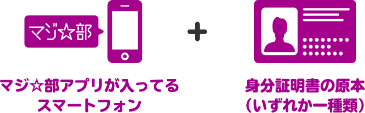 マジ☆部アプリが入ってるスマートフォン+身分証明書の原本(いずれか一種類)