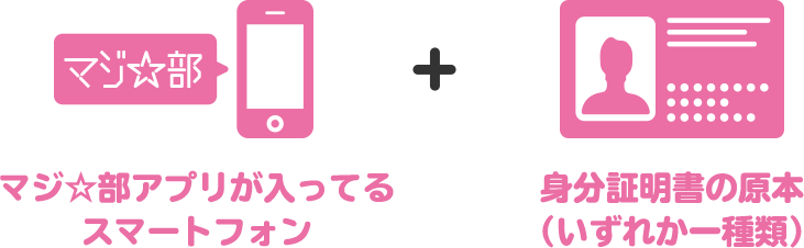 マジ☆部アプリが入ってるスマートフォン+身分証明書の原本(いずれか一種類)